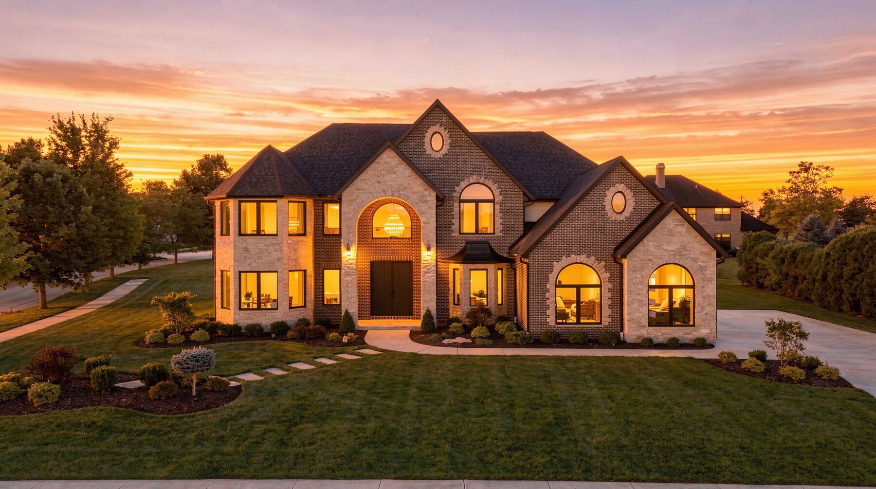 Twilight aerial of a brick and stone home, warm lit windows against a sunset sky